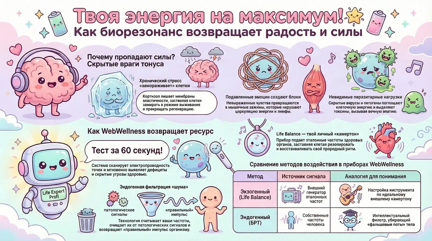 Инфографика: как биорезонанс и технологии WebWellness возвращают радость и силы, устраняя причины усталости