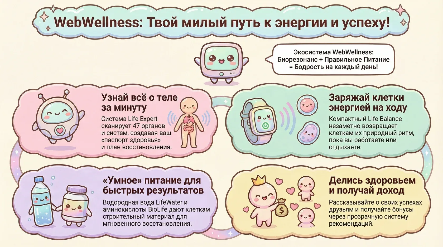 Инфографика: экосистема webwellness для энергии и успеха, включающая биорезонанс и питание.