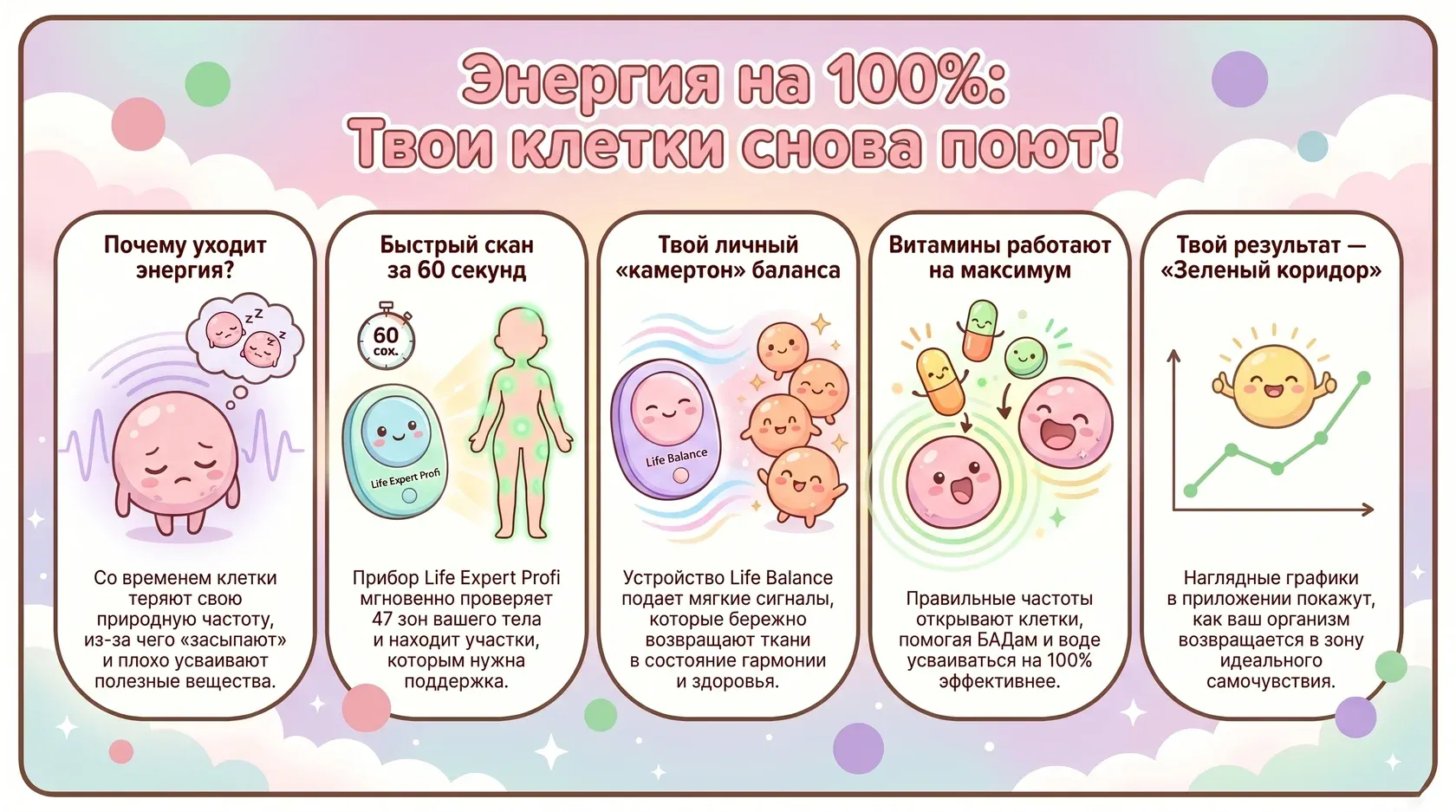 Инфографика: этапы восстановления энергии клеток на 100%, скан за 60 секунд и зеленый коридор.