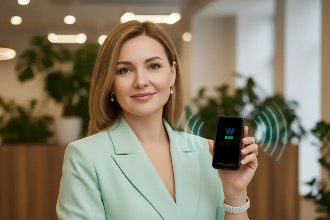 Консультант WebWellness показывает прибор БРТ терапии WebWellness LifeBalance