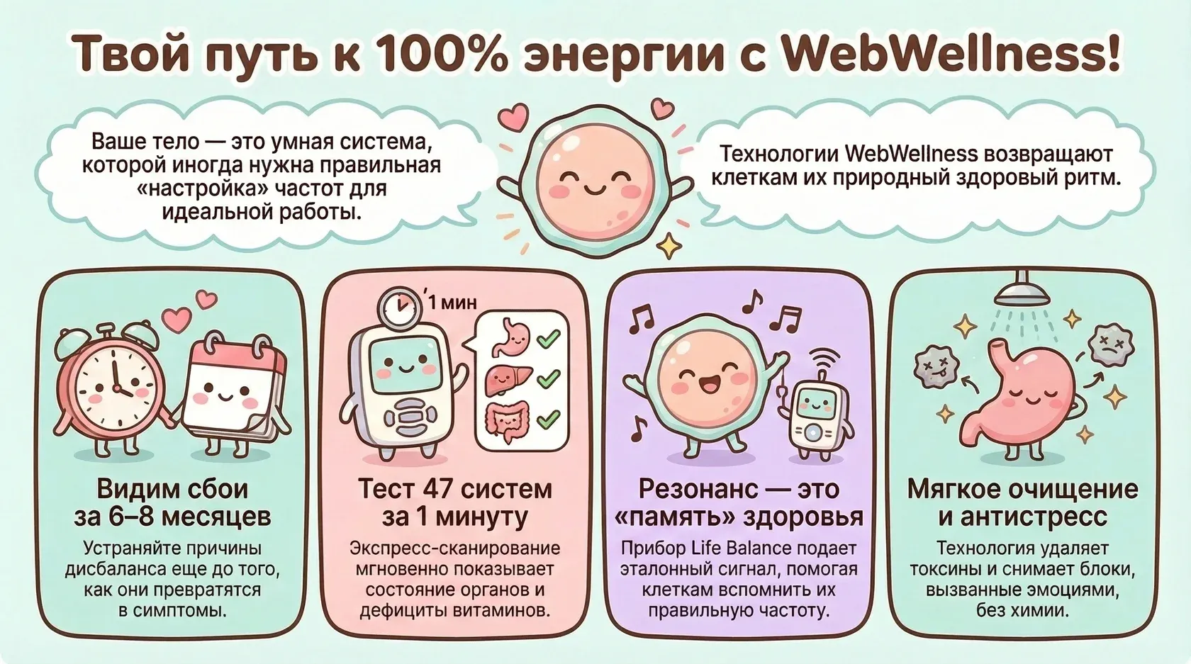 Инфографика: путь к 100% энергии с webwellness, экспресс-тест 47 систем за 1 минуту и мягкое очищение от токсинов.