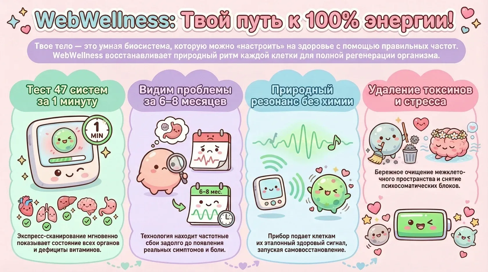 Инфографика: система webwellness для восстановления энергии, тест 47 систем за 1 минуту и выявление проблем за 6-8 месяцев.