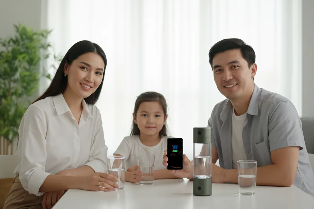 Семья за столом использует приборы WebWellness LifeBalance и LifeWater