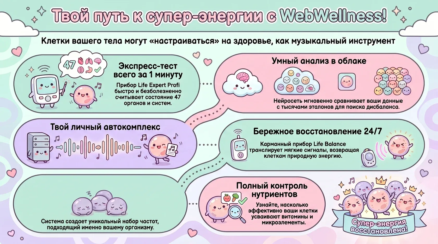 Инфографика: настройка клеток на здоровье с WebWellness через минутный тест, облачный анализ и контроль нутриентов.
