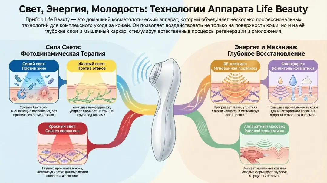 Инфографика: Свет, энергия, молодость - технологии прибора БРТ LifeBeauty