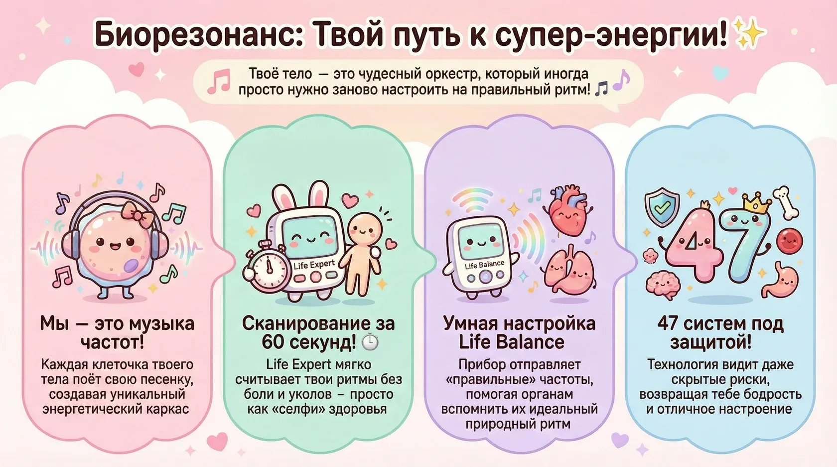 Инфографика: биорезонанс как путь к супер-энергии со сканированием за 60 секунд и умной настройкой функциональных зон организма.