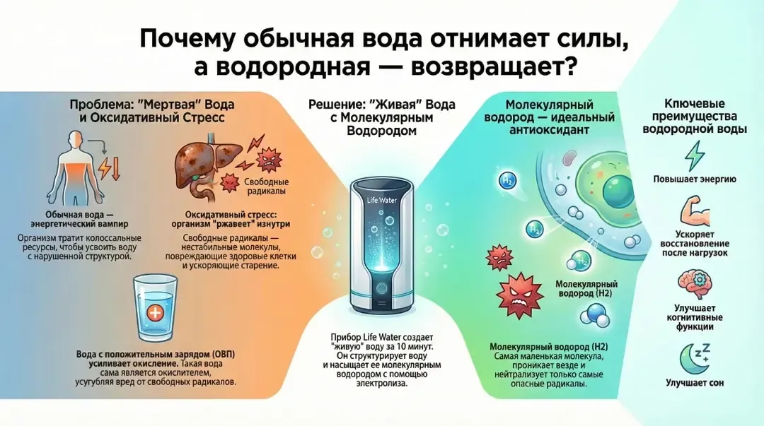 Инфографика: Почему обычная вода отнимает силы, а водородная возвращает