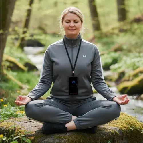 Девушка улыбается во время медитации на груди висит прибор БРТ LifeBalance